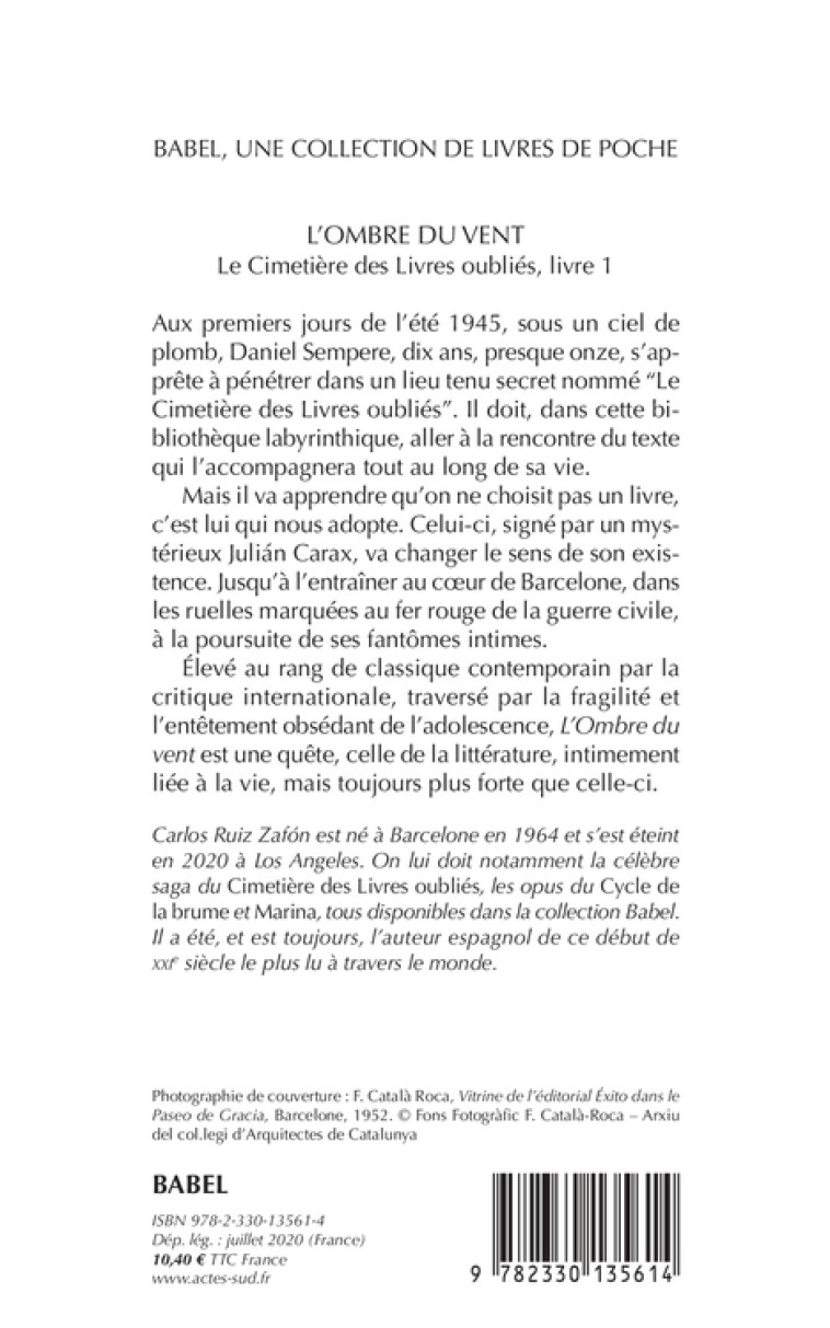 L'Ombre du vent - Carlos Ruiz Zafón, François Maspero, Carlos Ruiz Zafón, François Maspero - ACTES SUD