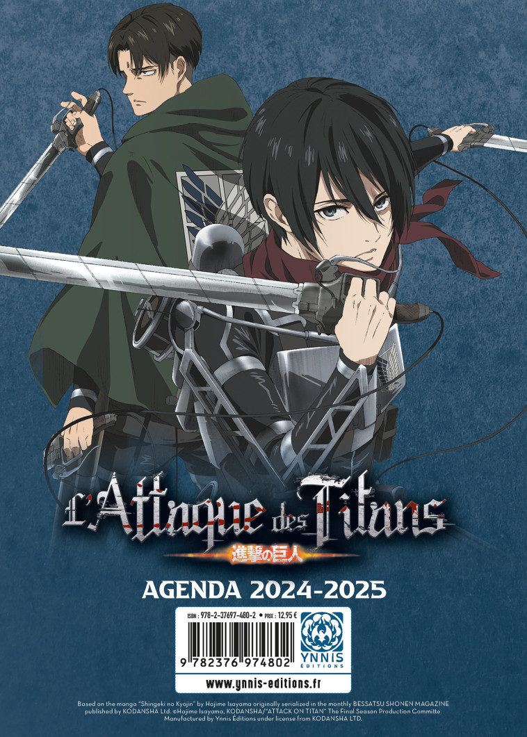 Agenda scolaire 2024-2025 Attaque des Titans - XXX - YNNIS
