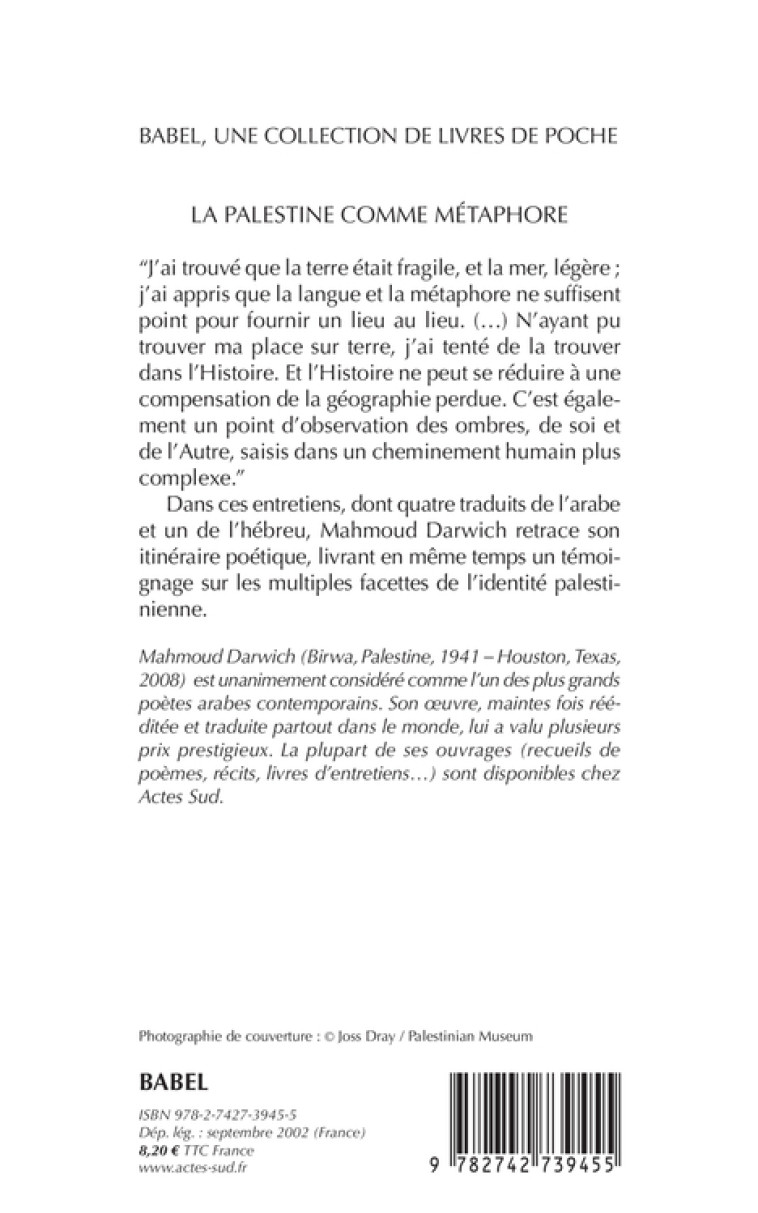 La palestine comme métaphore - Mahmoud Darwich, Elias Sanbar, Mahmoud Darwich, Elias Sanbar - ACTES SUD