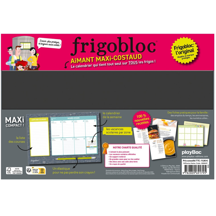 Frigobloc Hebdomadaire Compact 2026  - Calendrier Compact / sem (de sept. 2025 à déc. 2026) -   - PLAY BAC